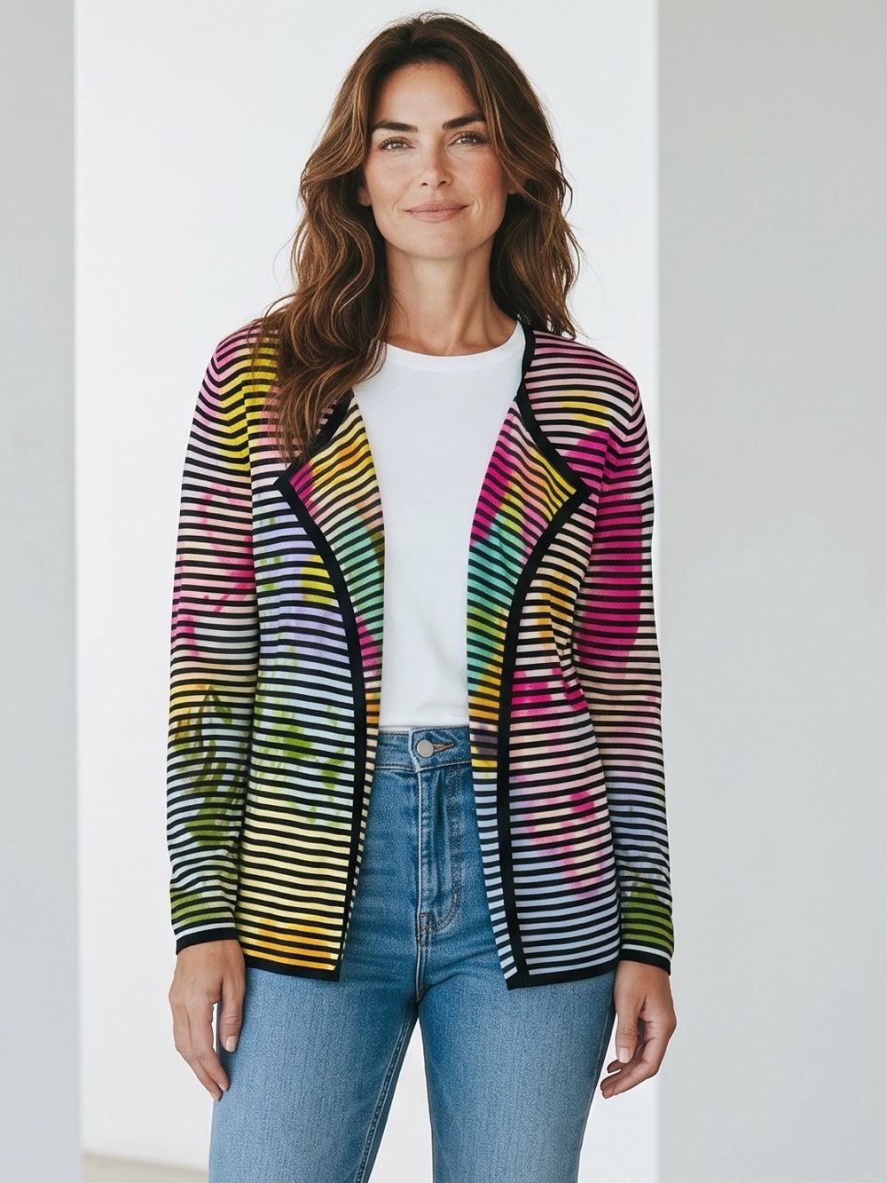 Adore Multicolor Striped Open Front Cotton Viscose Cardigan Size L